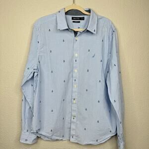 Nautica Stretch Mens Oxford Poplin Long Sleeve Sz X-Large Anchor Shirt
